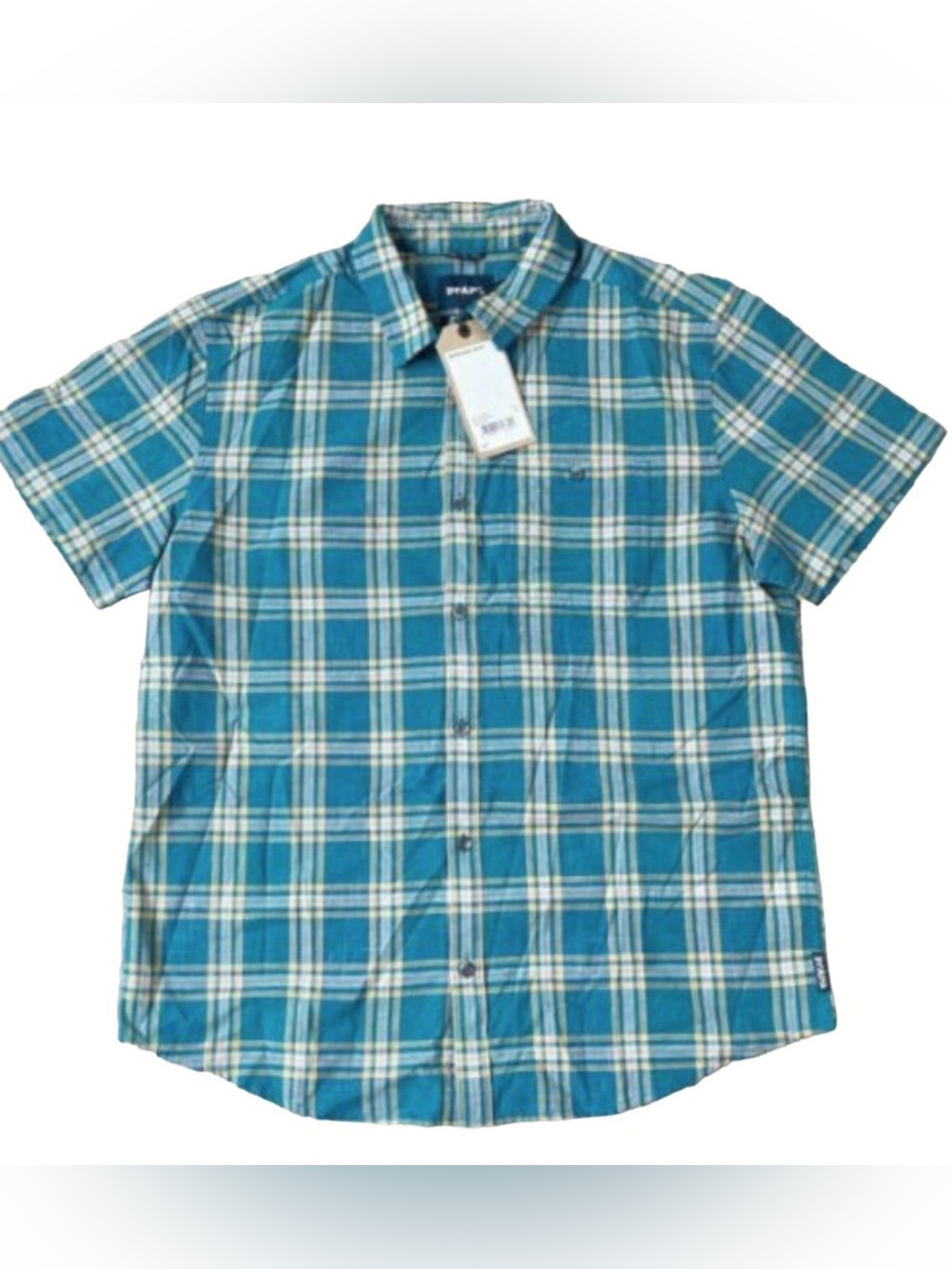 NEW prAna CAPE VERDE WOODSIDE PLAID SHORT SLEEVE BUTTON UP SHIRT SIZE MEDIUM